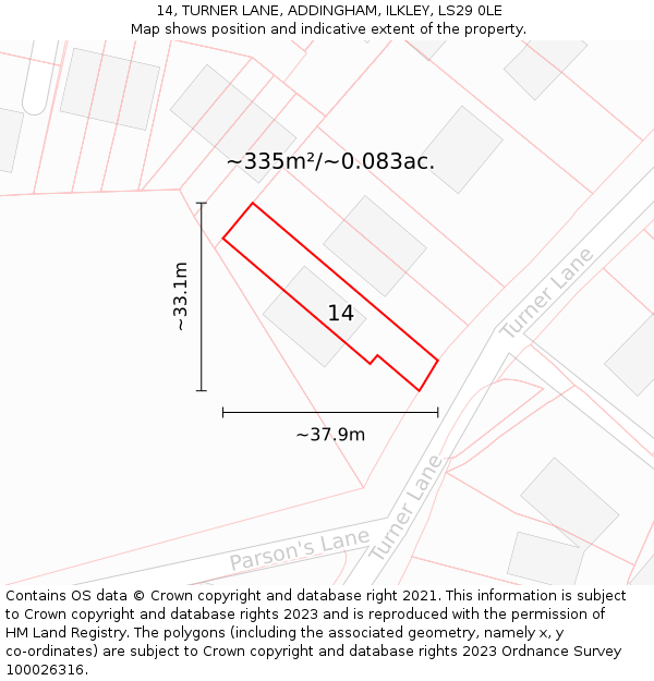 14, TURNER LANE, ADDINGHAM, ILKLEY, LS29 0LE: Plot and title map