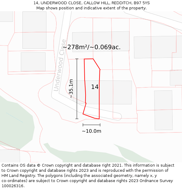 14, UNDERWOOD CLOSE, CALLOW HILL, REDDITCH, B97 5YS: Plot and title map