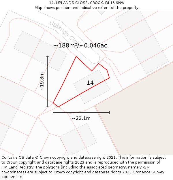 14, UPLANDS CLOSE, CROOK, DL15 9NW: Plot and title map