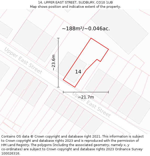 14, UPPER EAST STREET, SUDBURY, CO10 1UB: Plot and title map