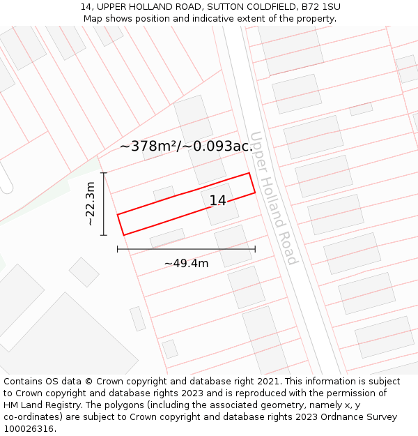 14, UPPER HOLLAND ROAD, SUTTON COLDFIELD, B72 1SU: Plot and title map