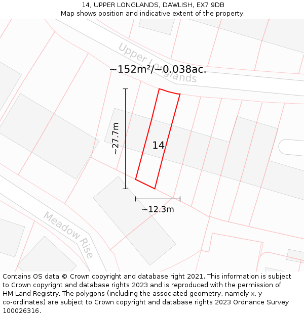 14, UPPER LONGLANDS, DAWLISH, EX7 9DB: Plot and title map