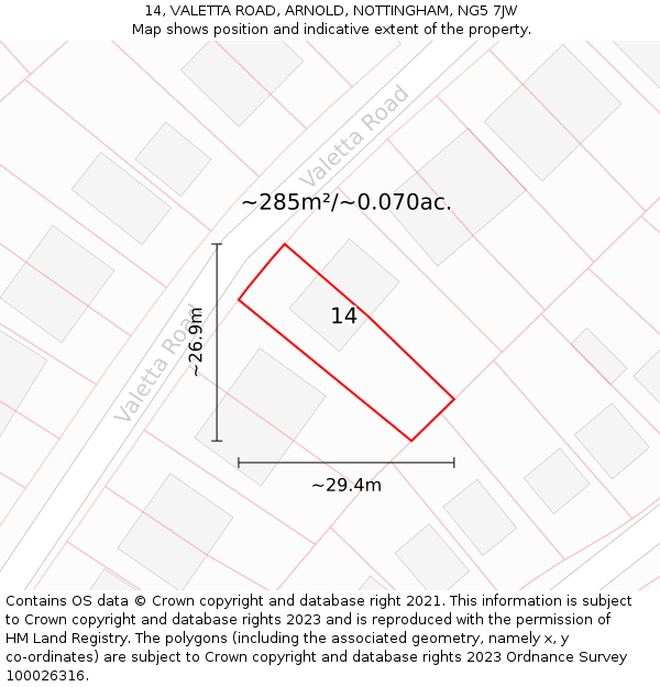 14, VALETTA ROAD, ARNOLD, NOTTINGHAM, NG5 7JW: Plot and title map