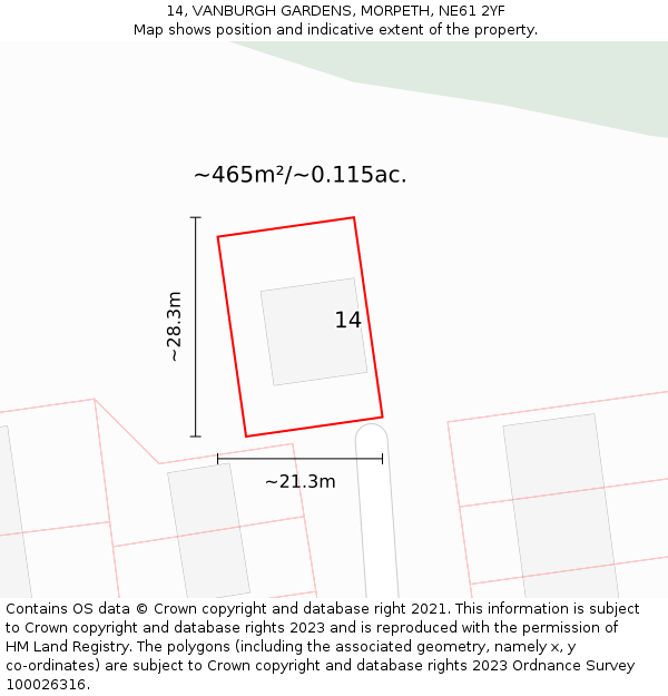 14, VANBURGH GARDENS, MORPETH, NE61 2YF: Plot and title map