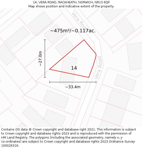14, VERA ROAD, RACKHEATH, NORWICH, NR13 6QP: Plot and title map