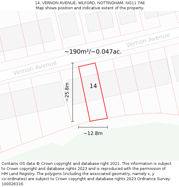 14, VERNON AVENUE, WILFORD, NOTTINGHAM, NG11 7AE: Plot and title map