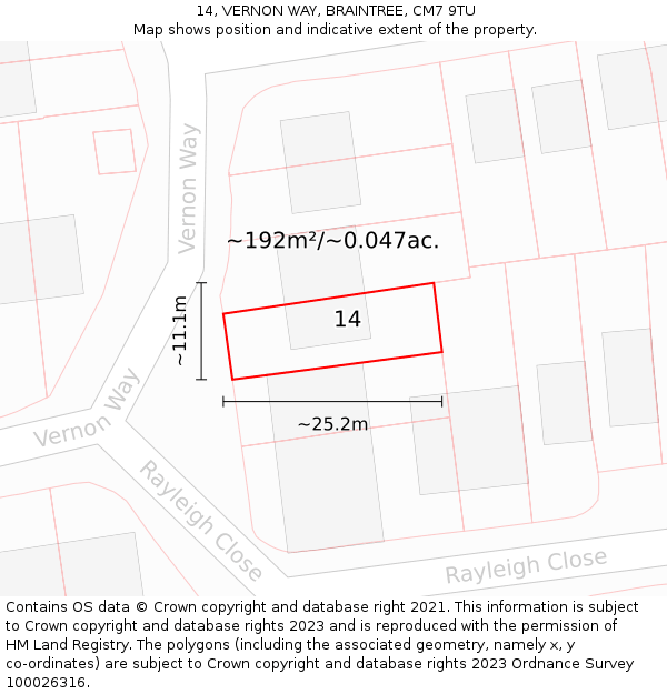 14, VERNON WAY, BRAINTREE, CM7 9TU: Plot and title map