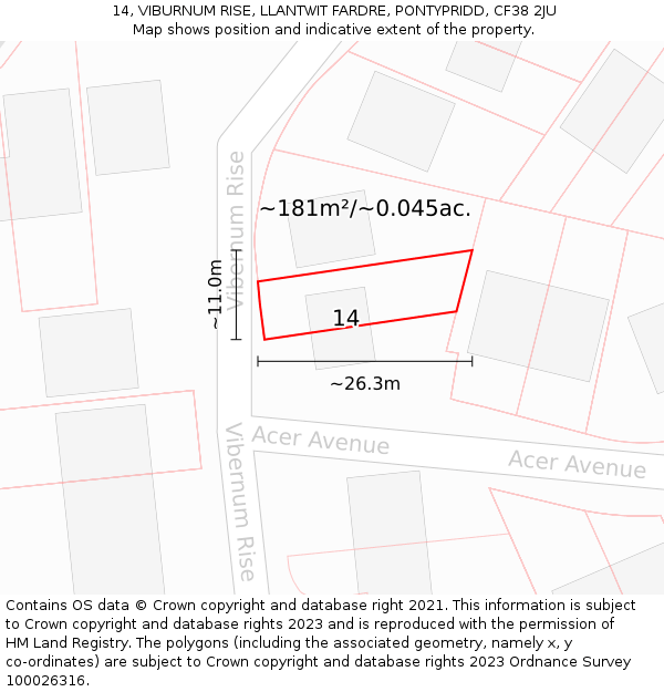 14, VIBURNUM RISE, LLANTWIT FARDRE, PONTYPRIDD, CF38 2JU: Plot and title map