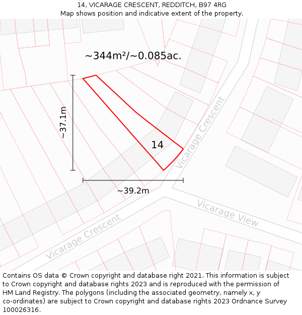 14, VICARAGE CRESCENT, REDDITCH, B97 4RG: Plot and title map