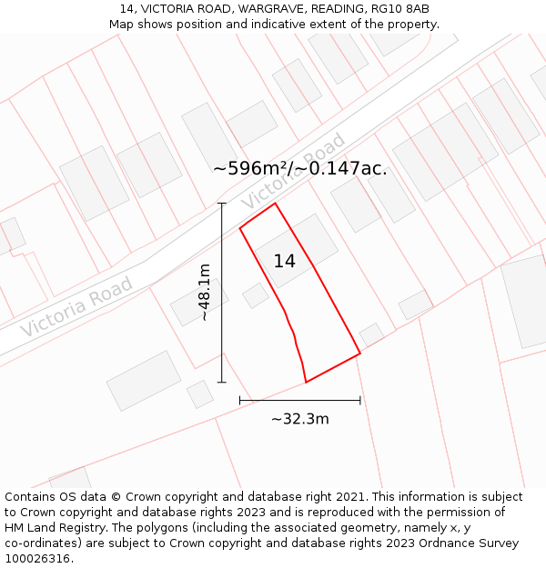 14, VICTORIA ROAD, WARGRAVE, READING, RG10 8AB: Plot and title map