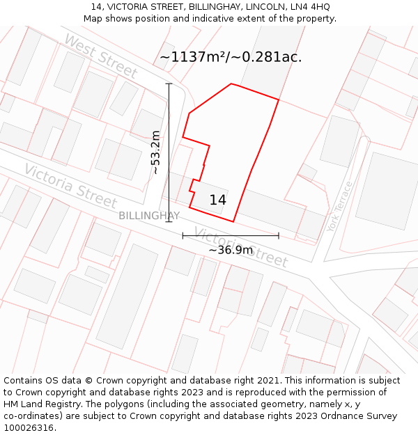 14, VICTORIA STREET, BILLINGHAY, LINCOLN, LN4 4HQ: Plot and title map