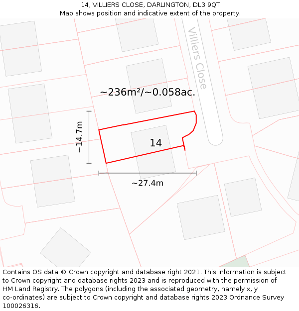 14, VILLIERS CLOSE, DARLINGTON, DL3 9QT: Plot and title map