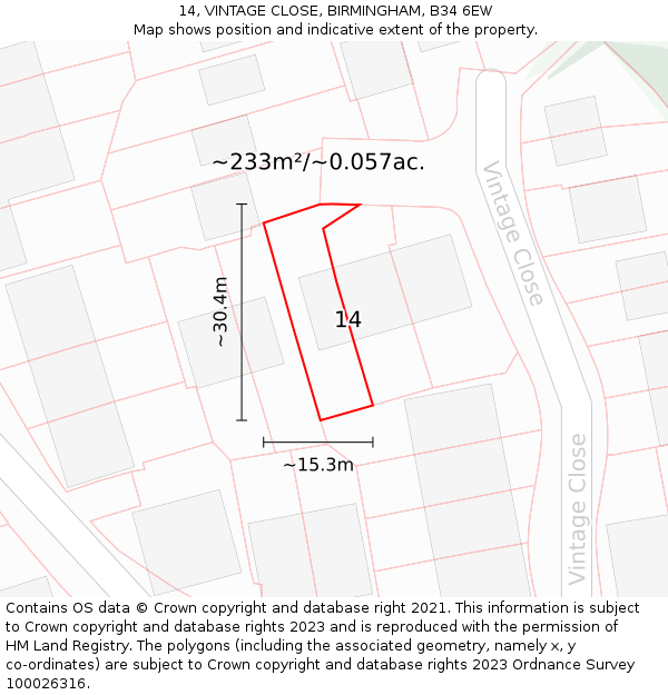 14, VINTAGE CLOSE, BIRMINGHAM, B34 6EW: Plot and title map