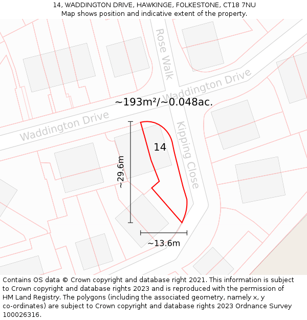 14, WADDINGTON DRIVE, HAWKINGE, FOLKESTONE, CT18 7NU: Plot and title map