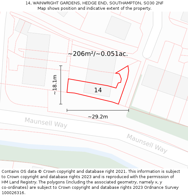 14, WAINWRIGHT GARDENS, HEDGE END, SOUTHAMPTON, SO30 2NF: Plot and title map