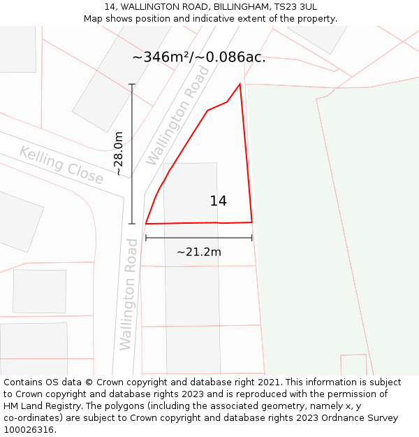 14, WALLINGTON ROAD, BILLINGHAM, TS23 3UL: Plot and title map