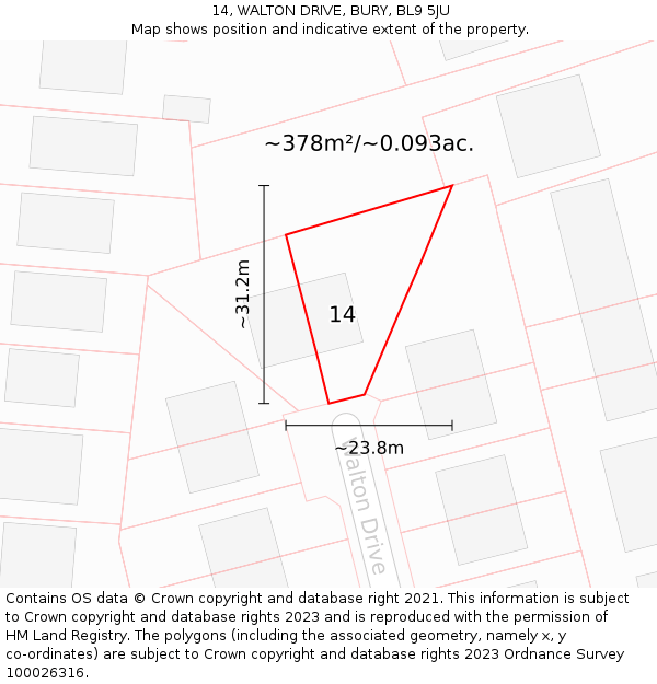 14, WALTON DRIVE, BURY, BL9 5JU: Plot and title map