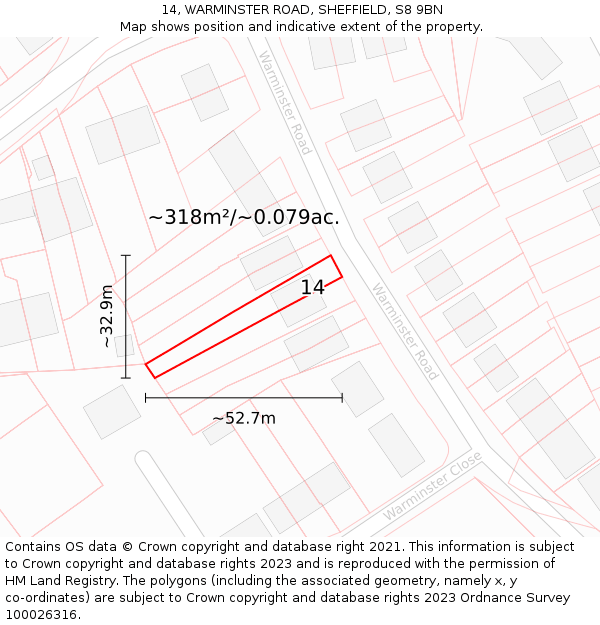 14, WARMINSTER ROAD, SHEFFIELD, S8 9BN: Plot and title map