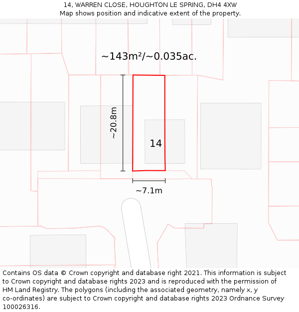14, WARREN CLOSE, HOUGHTON LE SPRING, DH4 4XW: Plot and title map