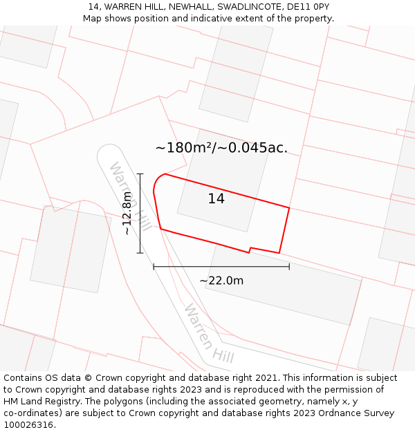 14, WARREN HILL, NEWHALL, SWADLINCOTE, DE11 0PY: Plot and title map