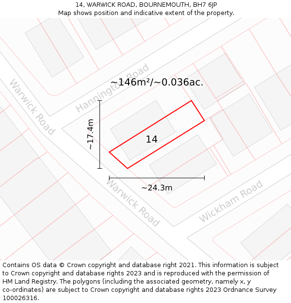 14, WARWICK ROAD, BOURNEMOUTH, BH7 6JP: Plot and title map