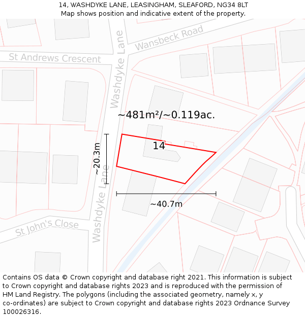 14, WASHDYKE LANE, LEASINGHAM, SLEAFORD, NG34 8LT: Plot and title map