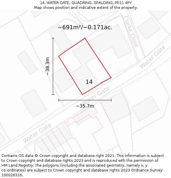 14, WATER GATE, QUADRING, SPALDING, PE11 4PY: Plot and title map