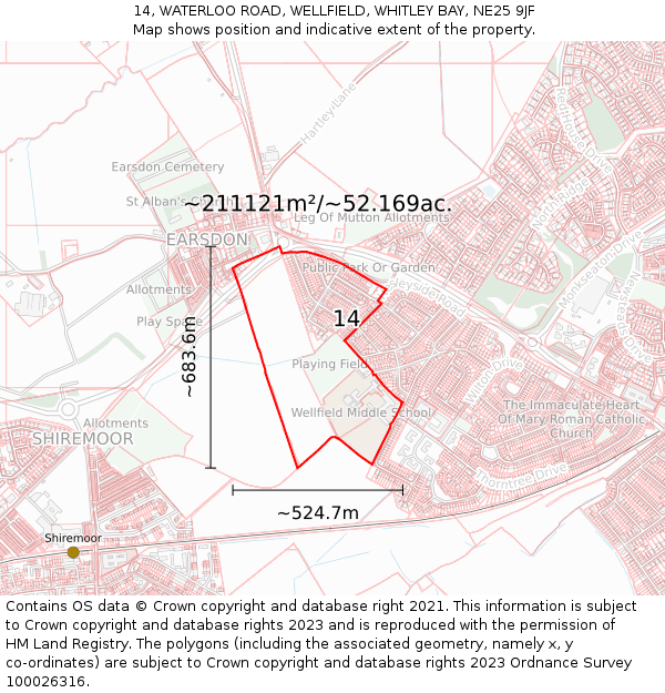 14, WATERLOO ROAD, WELLFIELD, WHITLEY BAY, NE25 9JF: Plot and title map