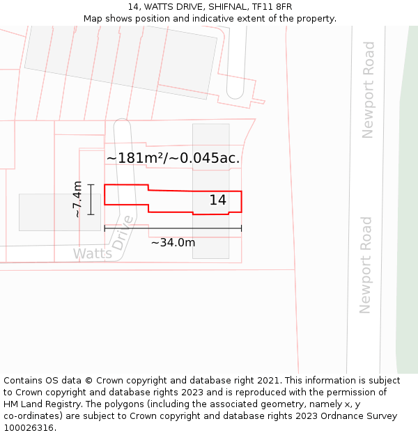 14, WATTS DRIVE, SHIFNAL, TF11 8FR: Plot and title map