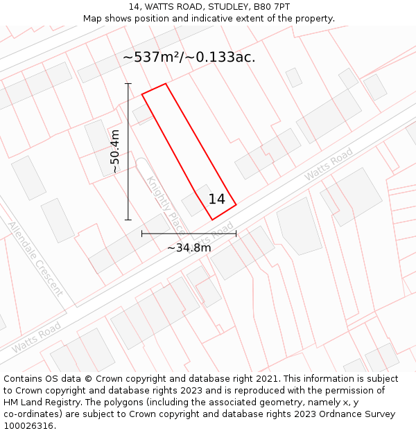 14, WATTS ROAD, STUDLEY, B80 7PT: Plot and title map