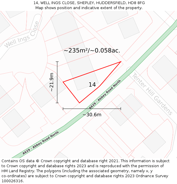 14, WELL INGS CLOSE, SHEPLEY, HUDDERSFIELD, HD8 8FG: Plot and title map