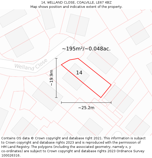 14, WELLAND CLOSE, COALVILLE, LE67 4BZ: Plot and title map