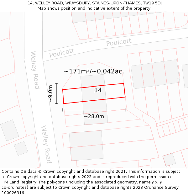 14, WELLEY ROAD, WRAYSBURY, STAINES-UPON-THAMES, TW19 5DJ: Plot and title map