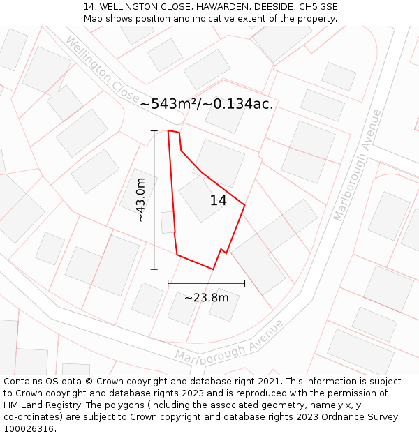 14, WELLINGTON CLOSE, HAWARDEN, DEESIDE, CH5 3SE: Plot and title map