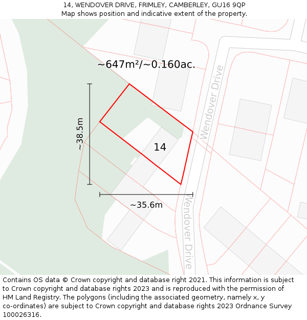 14, WENDOVER DRIVE, FRIMLEY, CAMBERLEY, GU16 9QP: Plot and title map