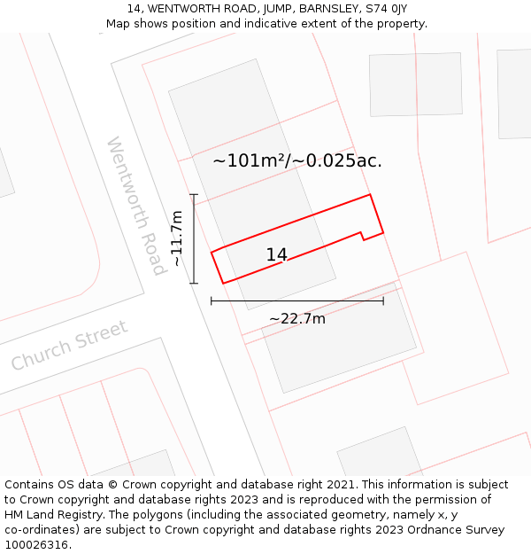 14, WENTWORTH ROAD, JUMP, BARNSLEY, S74 0JY: Plot and title map