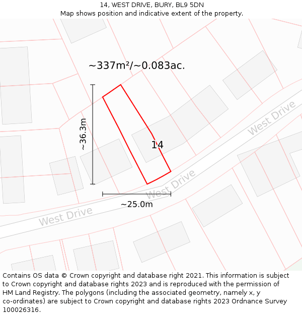 14, WEST DRIVE, BURY, BL9 5DN: Plot and title map