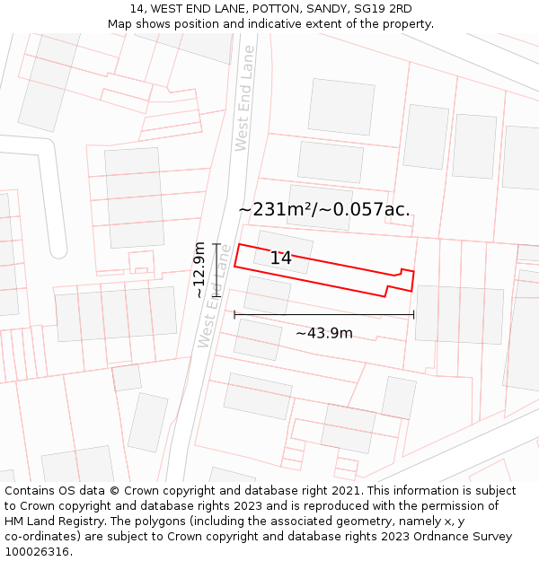 14, WEST END LANE, POTTON, SANDY, SG19 2RD: Plot and title map