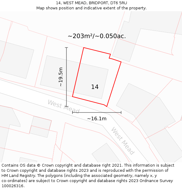 14, WEST MEAD, BRIDPORT, DT6 5RU: Plot and title map