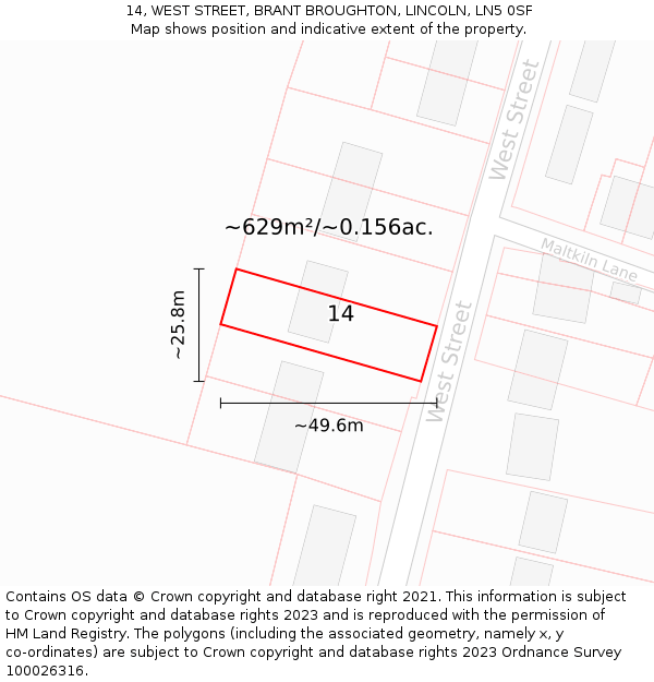 14, WEST STREET, BRANT BROUGHTON, LINCOLN, LN5 0SF: Plot and title map