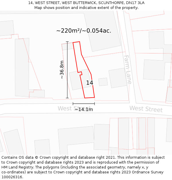 14, WEST STREET, WEST BUTTERWICK, SCUNTHORPE, DN17 3LA: Plot and title map