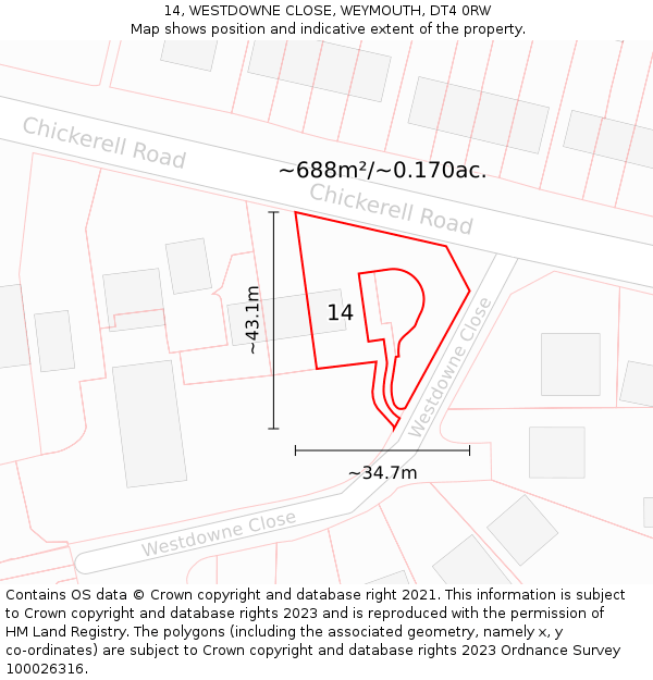 14, WESTDOWNE CLOSE, WEYMOUTH, DT4 0RW: Plot and title map