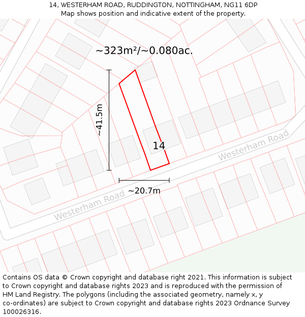 14, WESTERHAM ROAD, RUDDINGTON, NOTTINGHAM, NG11 6DP: Plot and title map