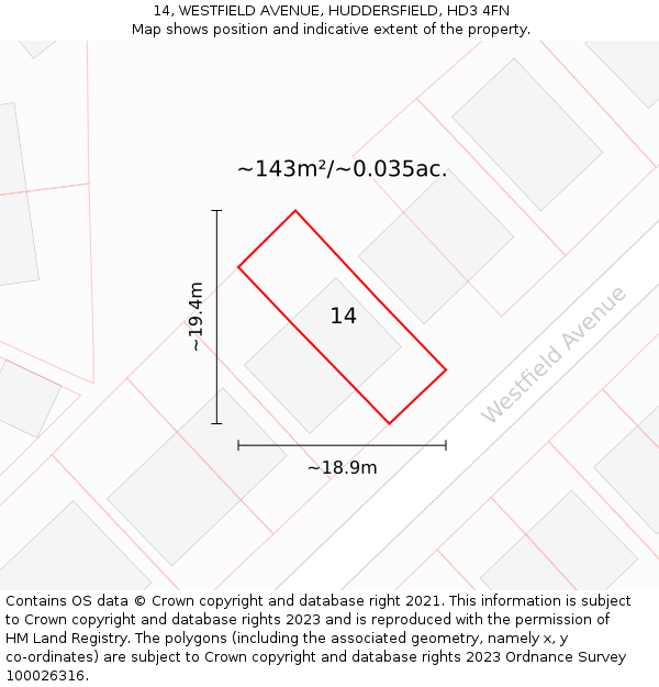 14, WESTFIELD AVENUE, HUDDERSFIELD, HD3 4FN: Plot and title map