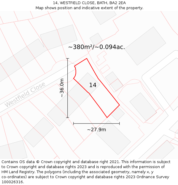 14, WESTFIELD CLOSE, BATH, BA2 2EA: Plot and title map