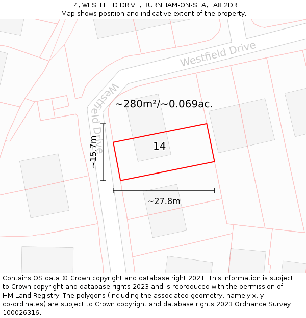 14, WESTFIELD DRIVE, BURNHAM-ON-SEA, TA8 2DR: Plot and title map