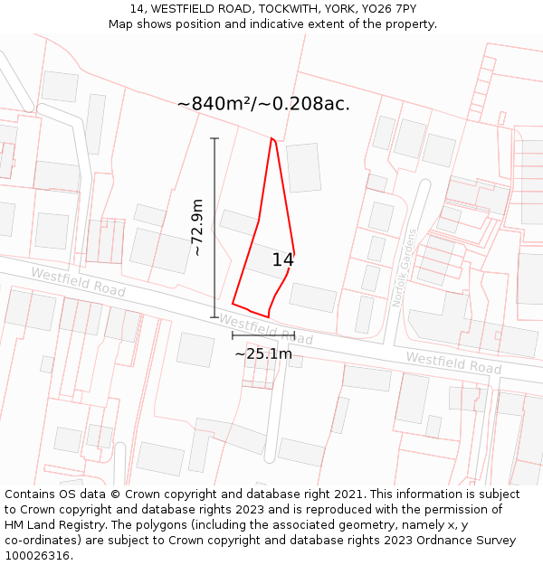 14, WESTFIELD ROAD, TOCKWITH, YORK, YO26 7PY: Plot and title map