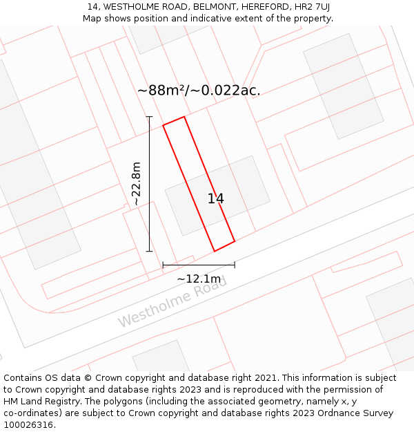 14, WESTHOLME ROAD, BELMONT, HEREFORD, HR2 7UJ: Plot and title map