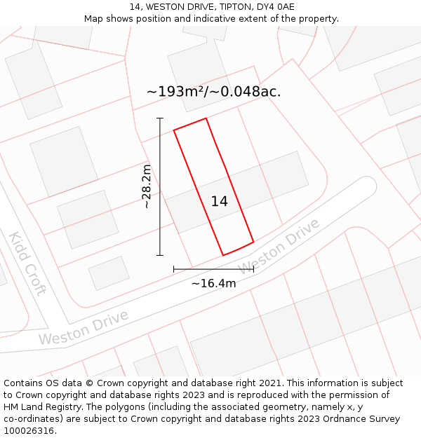 14, WESTON DRIVE, TIPTON, DY4 0AE: Plot and title map