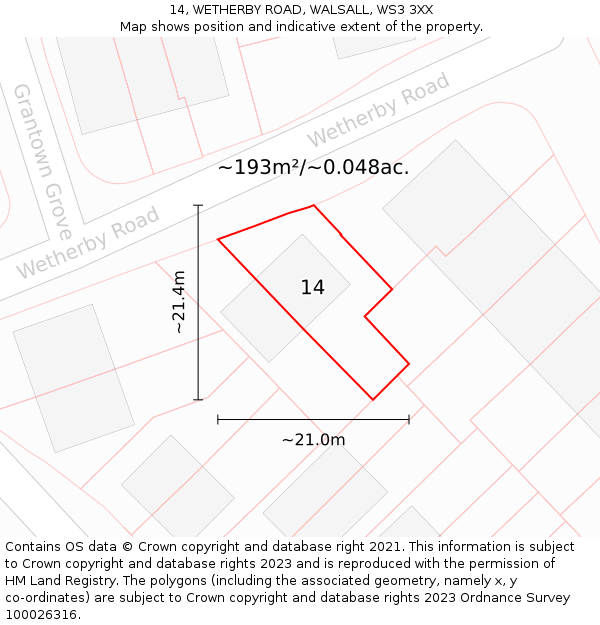 14, WETHERBY ROAD, WALSALL, WS3 3XX: Plot and title map